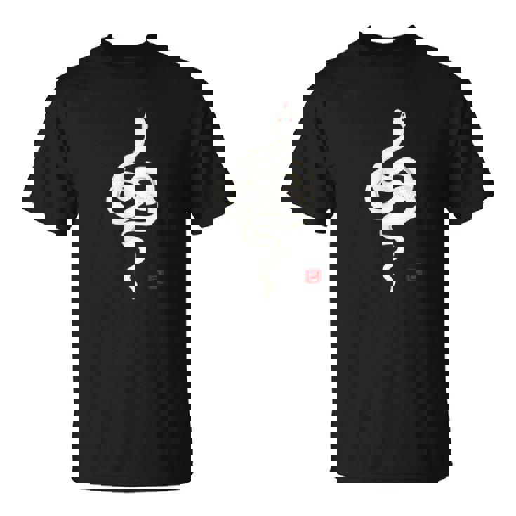 巳年 シンプルな白蛇デザイン 幸運を願うお守り Tシャツ