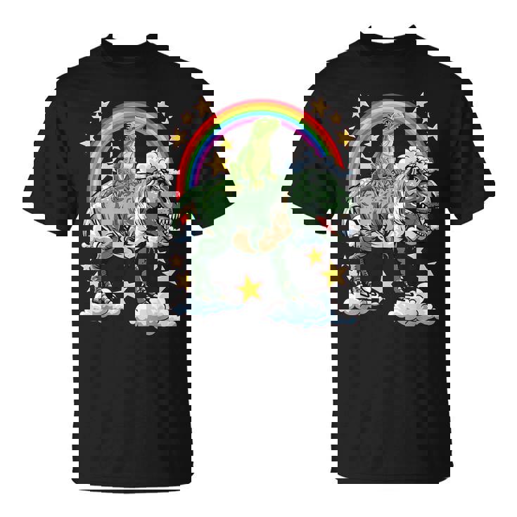 恐竜恐竜に乗る緑のイグアナ Tシャツ