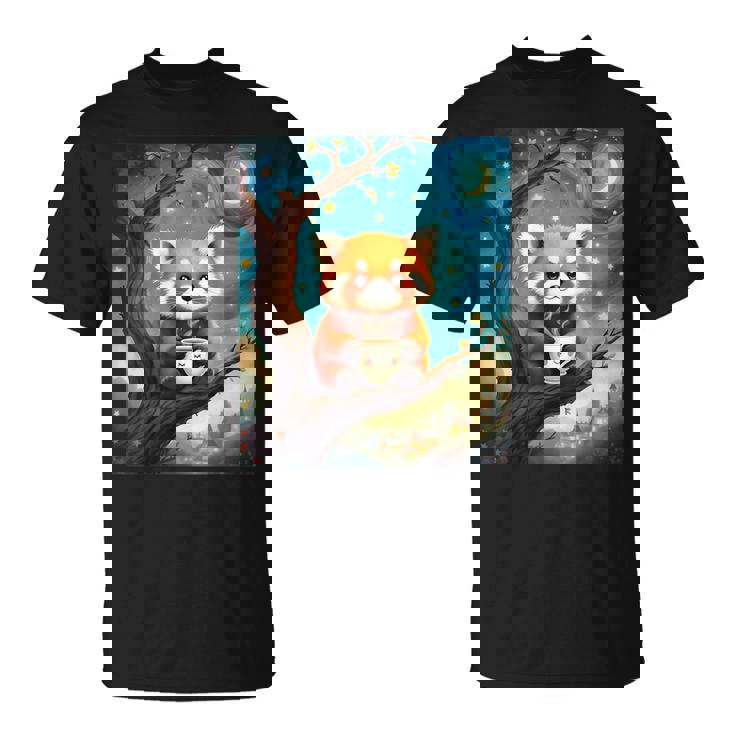 愛らしいレッサーパンダとティーカップの星月夜イラスト Tシャツ