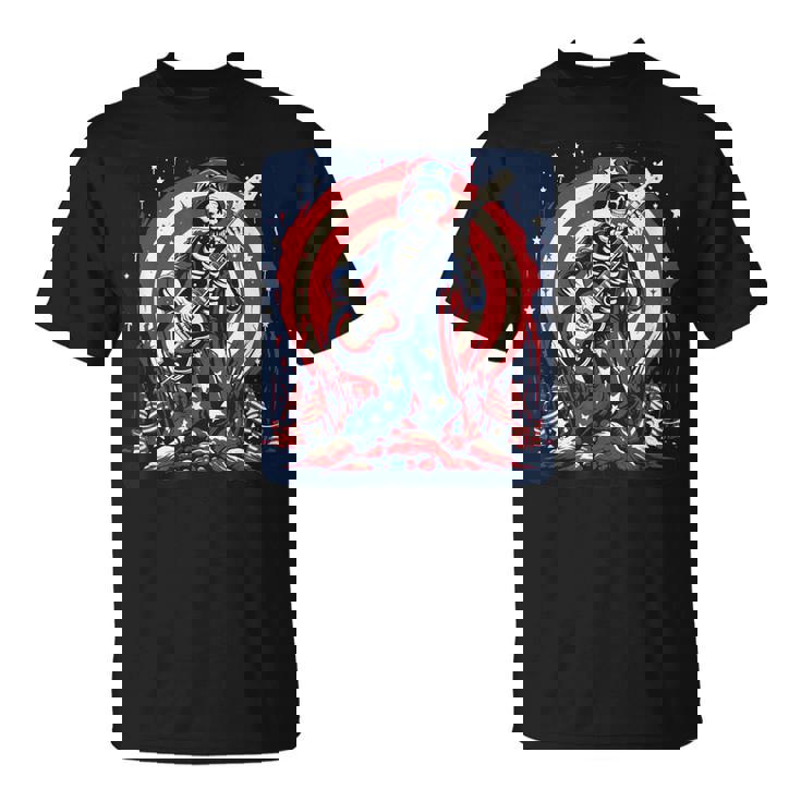 愛国的なスケルトン ロックンロールミュージック アメリカンスタイル Tシャツ