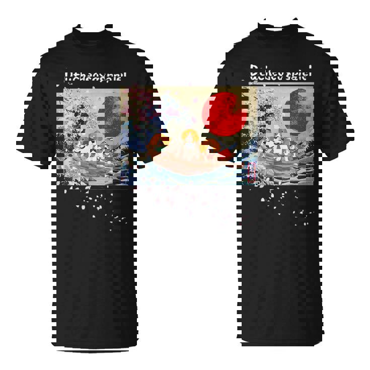 日本 版画 ダッチ デコイ スパニエル デコピン 神奈川の波 海 桜 Tシャツ