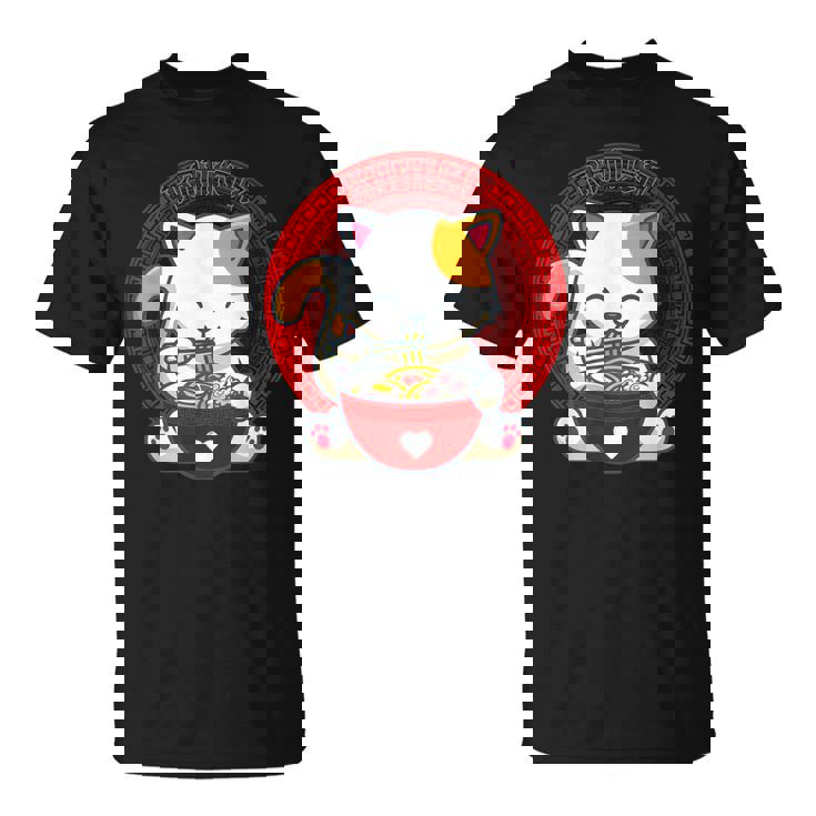 日本のカワイイ アニメ 猫 麺丼 猫 ラーメンを食べる Tシャツ