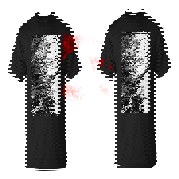 日本のクモユリ 侍 猫 グランジ 浮世絵 アニメアート Tシャツ