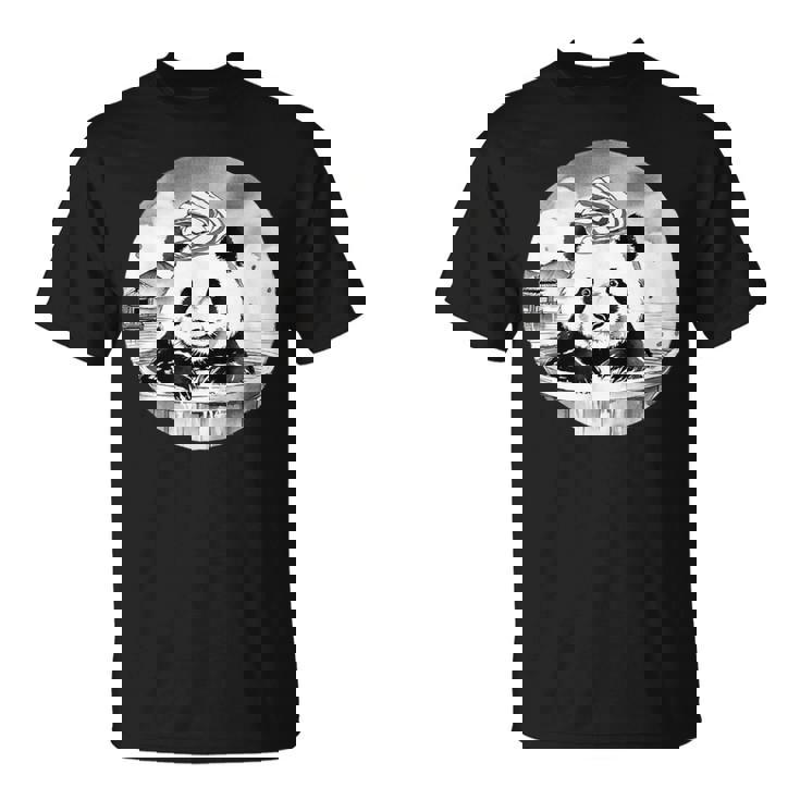 日本の温泉 パンダ 面白い 水墨画 温泉旅行 入浴 銭湯 お風呂 バスタイム 動物 和風 Tシャツ