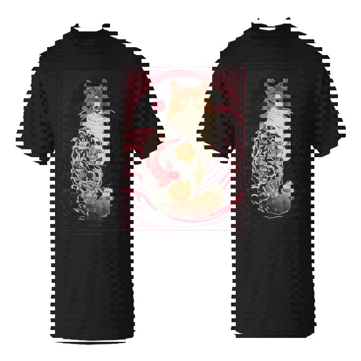 日本の鯉タトゥー猫アート美的ヴィンテージライジングサン Tシャツ