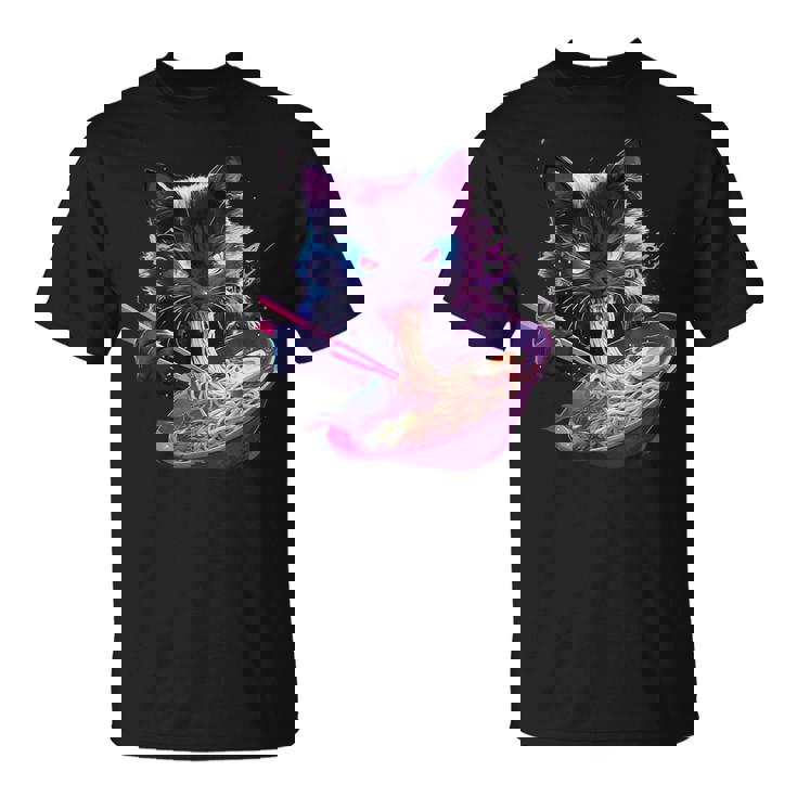 日本美術 ラーメン 猫 忍者 シンセウェーブ スタイル サムライキャット Tシャツ