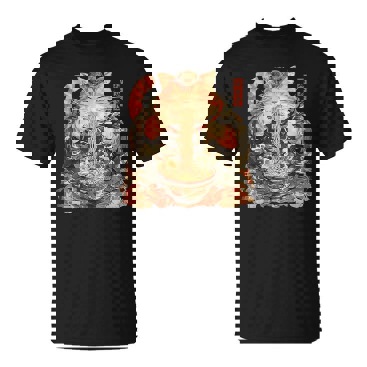 日本美術 ラーメン 猫 忍者 浮世絵 アニメ風 侍猫 Tシャツ