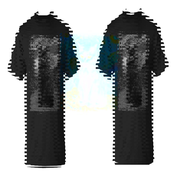 星月夜 ヴィンセント・ヴァン・ゴッホ 黒猫 レトロ絵画 猫 長袖tシャツ Tシャツ