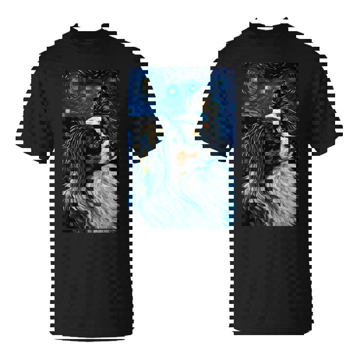 星月夜のパピヨン 絵画 犬 お母さん お父さん Tシャツ