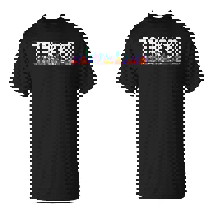 東京 日本 都市 スカイライン シルエット 楽しい カラフル 風景 Tシャツ