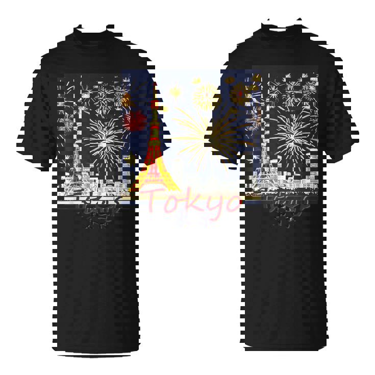 東京 東京タワーと花火大会 日本 漢字 By Kana Kanjin Tシャツ