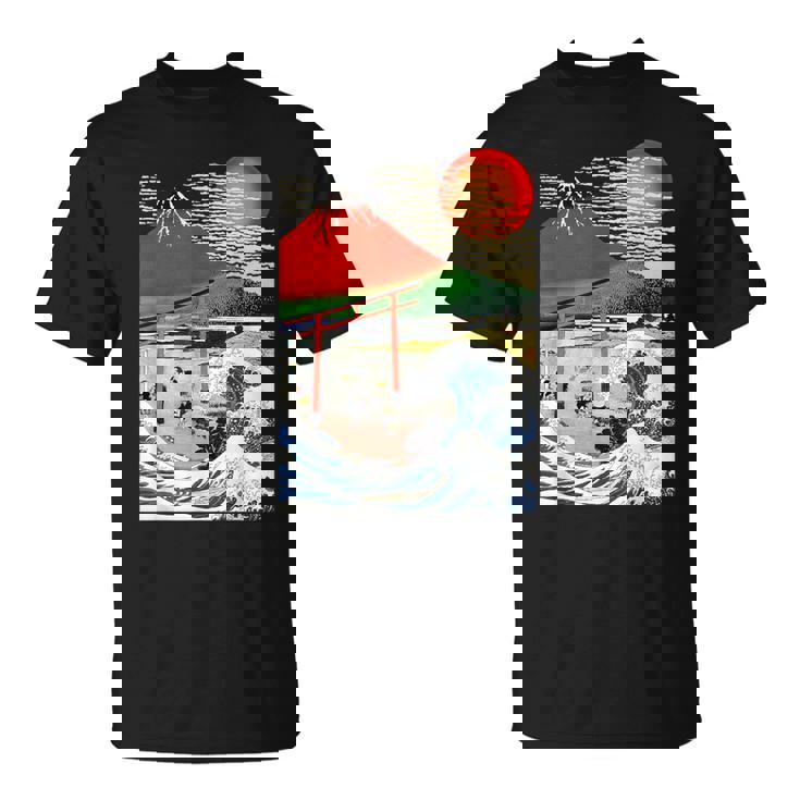 江戸日本 浮世白斎 赤富士山・津波 Tシャツ