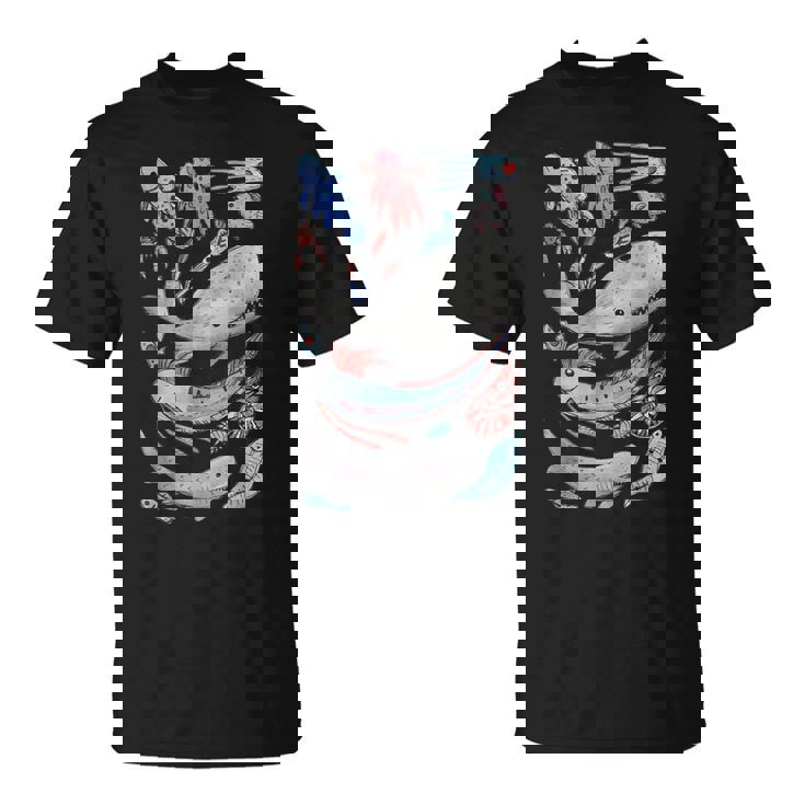 深海の海の生き物 オールフィッシュホエールサメ 水彩画 Tシャツ