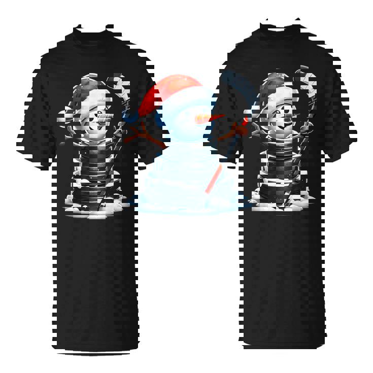 漫画 アイスホッケーパック 雪だるま サンタ帽子付き クリスマス Tシャツ
