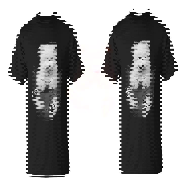 犬好きの方へのギフト サモエド ポケットに入った面白い犬の顔 Tシャツ