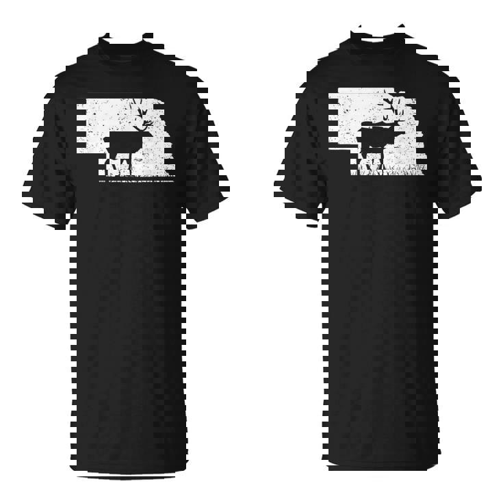 狩猟ヘラジカまたはワピティ ネブラスカ地図アートハンター Tシャツ