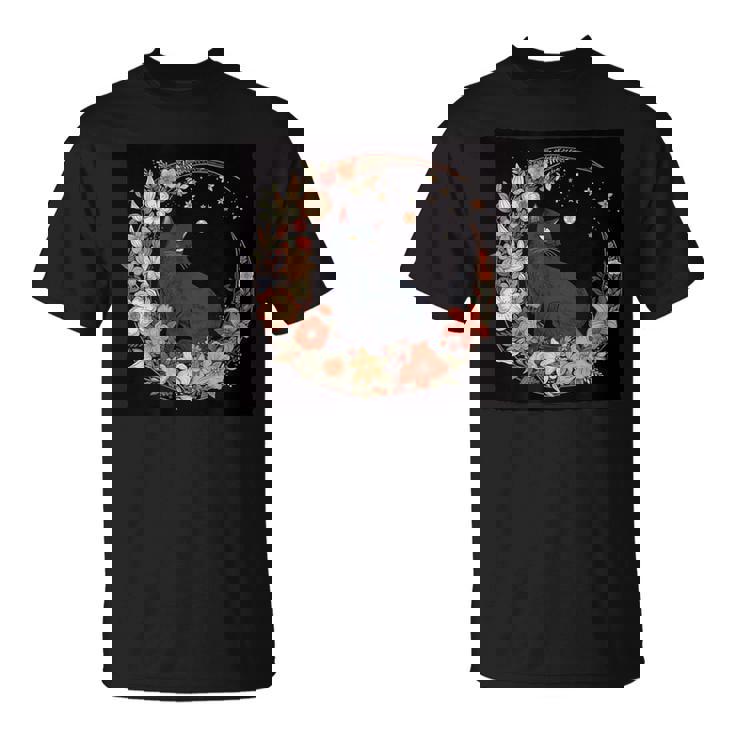 猫 月 花柄 グラフィック Tシャツ
