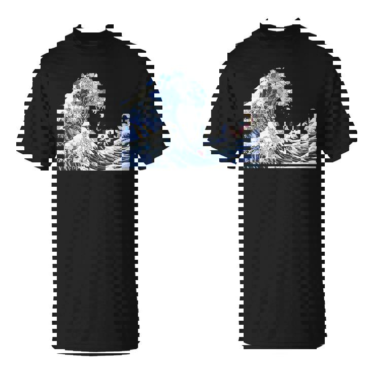 猫がサーフィンをする神奈川の大波 面白い猫の波 かわいい猫、猫好き、かわいい猫 Tシャツ