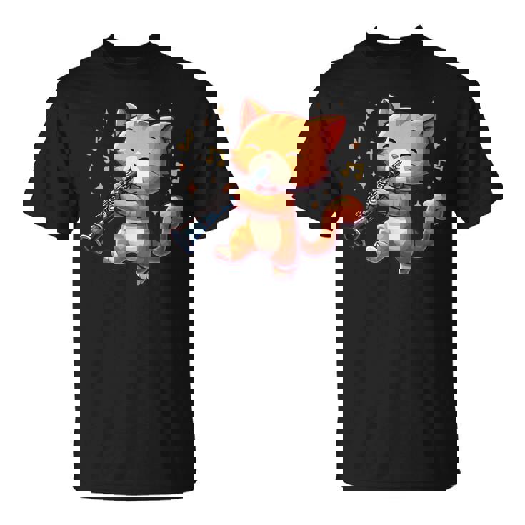 猫好きのためのかわいい猫のデザイン 猫がクラリネットを弾く Tシャツ