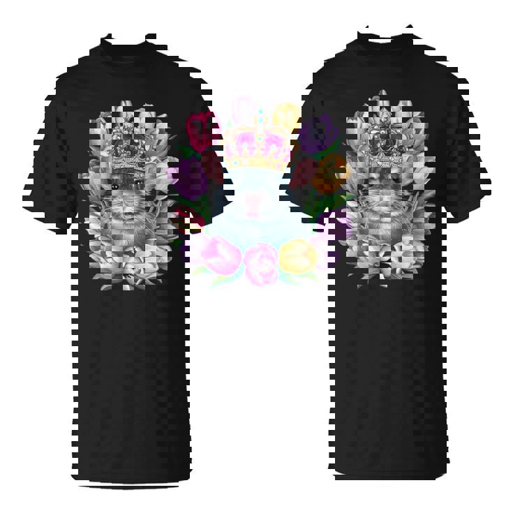 王冠とカラフルなチューリップを持つかわいいチンチラ Tシャツ
