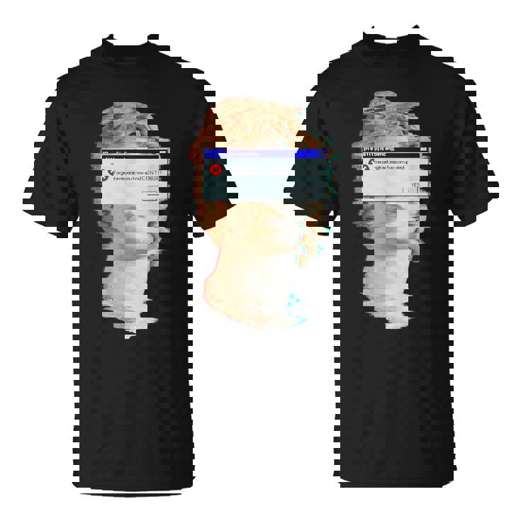 現実は曲がっている。エラーポップアップ付きの美的ギリシャ像 Tシャツ