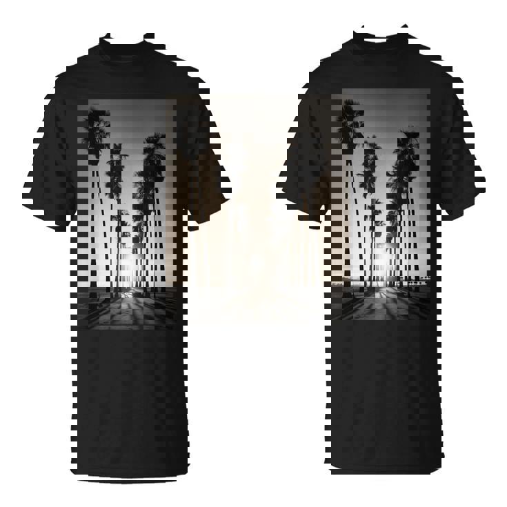 白黒写真 ヤシの木の夕日 ビンテージ写真 Tシャツ