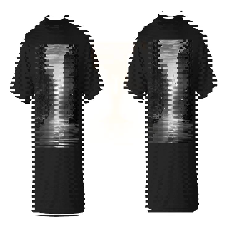 白黒写真 街の街の夕焼け写真 Tシャツ