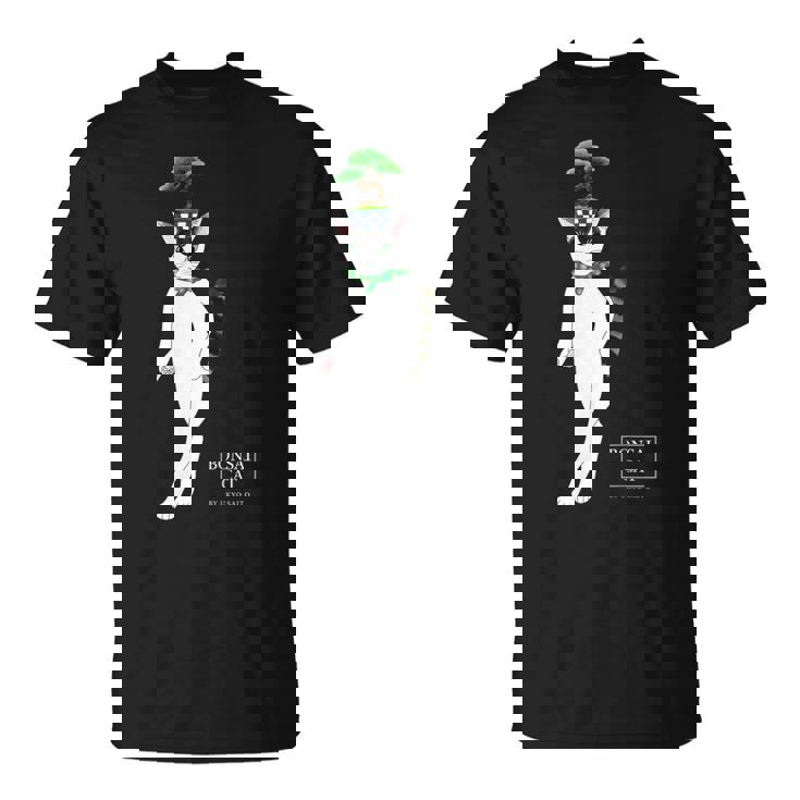 盆栽ねこ 頭に松の盆栽を乗せたハチワレ猫 Tシャツ