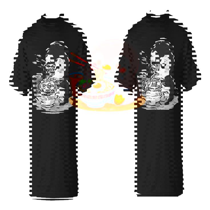 箸でラーメンを食べるかわいいペンギン Tシャツ