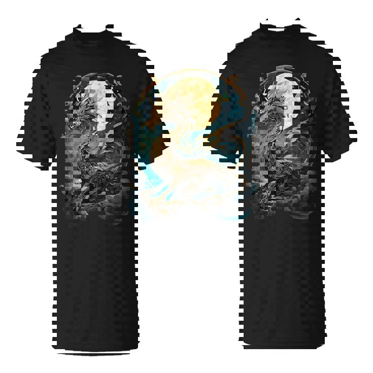 美しいルナゴールドドラゴン フローラルアートノボー Tシャツ