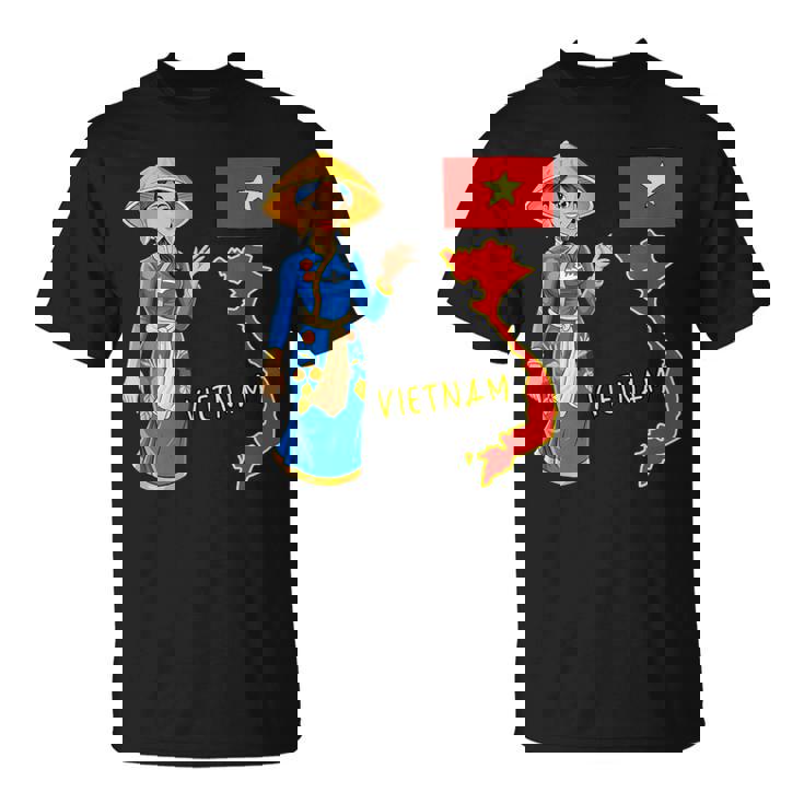 美しい笑顔のベトナムの女の子、旗とベトナムの地図 Tシャツ