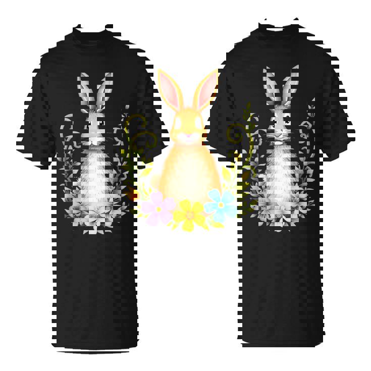 花と葉を持つ愛らしいウサギ 自然デザイン Tシャツ