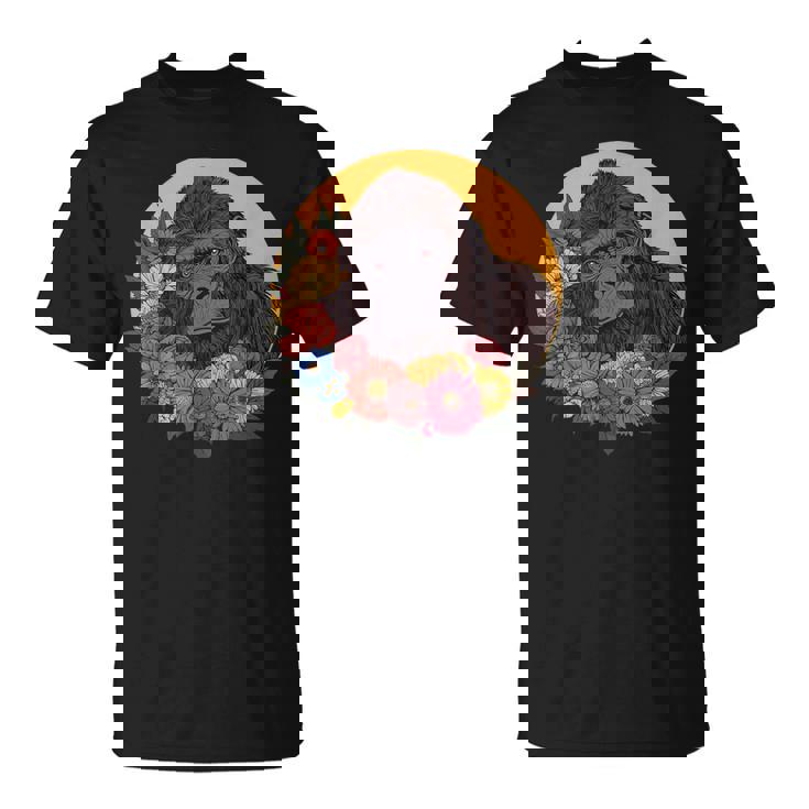 花のイラストとゴリラ Tシャツ