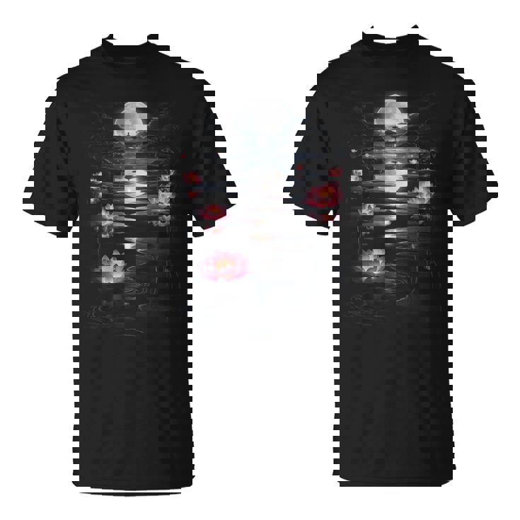 蓮の花 日本の月 反射 自然 恋人 デザイン Tシャツ