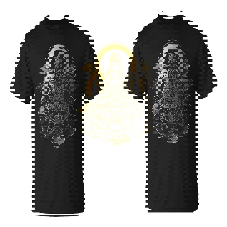 蓮の雲に座っている穏やかな仏陀 スピリチュアルマインドフルネス Tシャツ