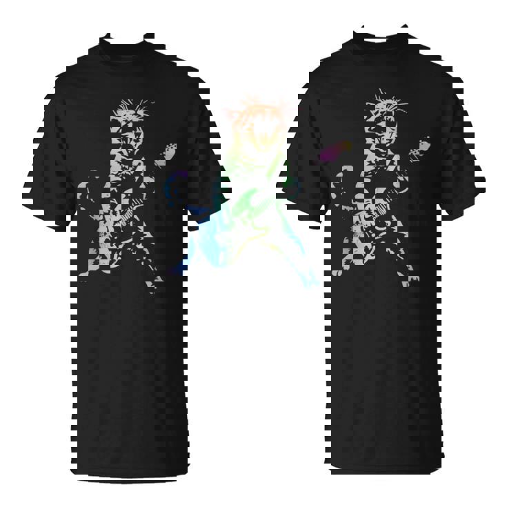 虹色グラデーションの猫のギターデザイン Tシャツ