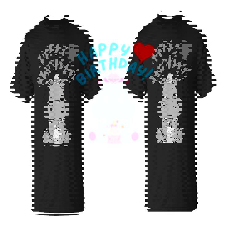 誕生日おめでとうギフト かわいいカバが彼女の誕生日を祝います Tシャツ