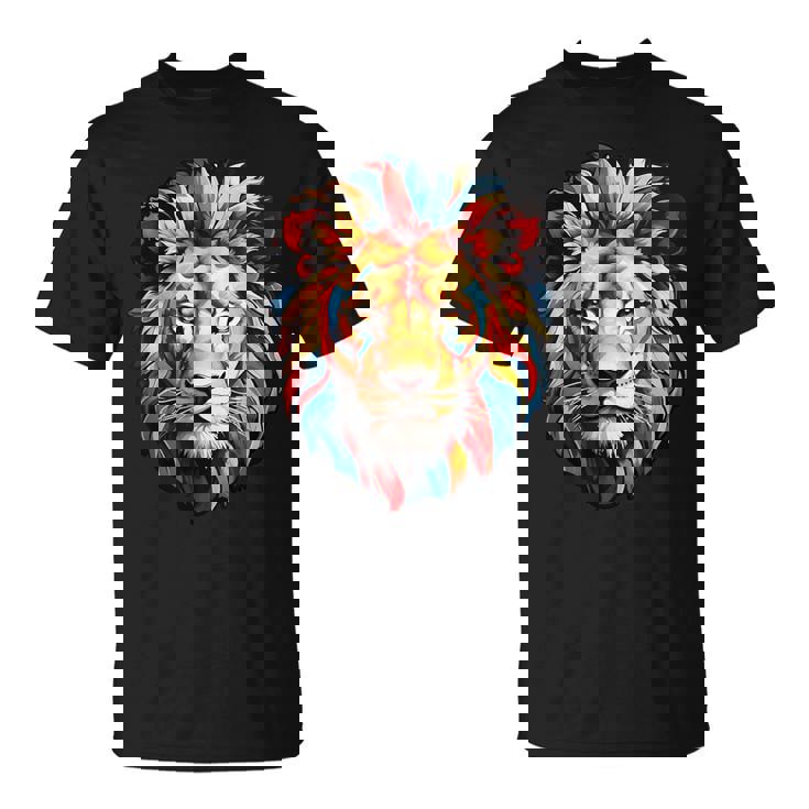雄大なライオンヘッド 赤、黄、青の芸術的なたてがみ Tシャツ