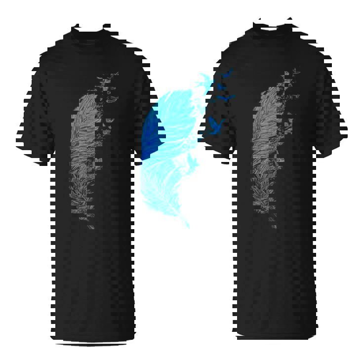 青い羽と鳥が飛んでいる青い羽 キュートでスタイリッシュ Tシャツ