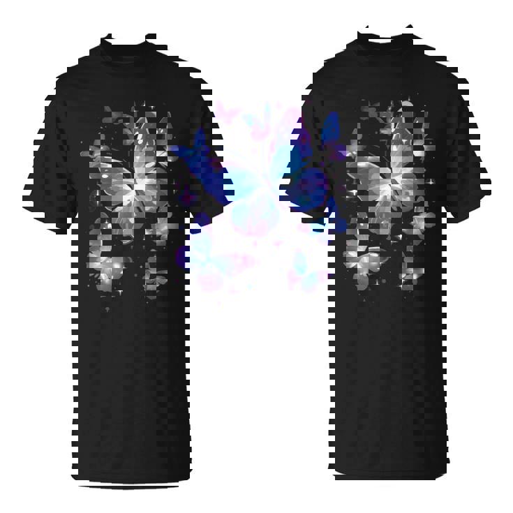 青と紫の模様の蝶たち 昆虫プリント Tシャツ