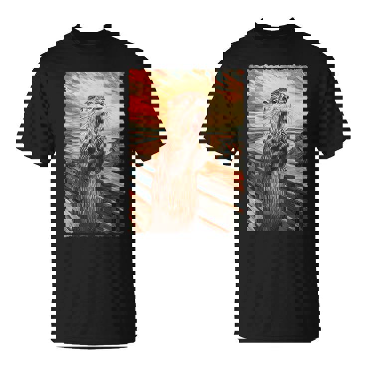 面白い レトロ ムンク 悲鳴 芸術的 絵画 パロディ カワウソ 恋人 Tシャツ