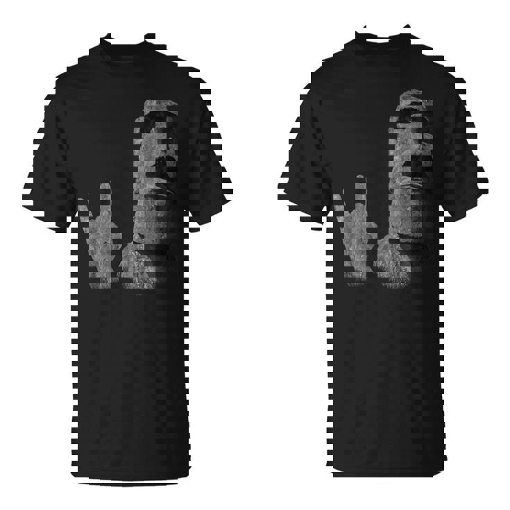 面白いイースター島のモアイ像のロッカーign Of The Horns Tシャツ