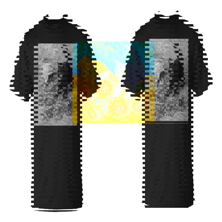 面白いゴッホのひまわり、猫のミーム、黒猫のアート。 Tシャツ