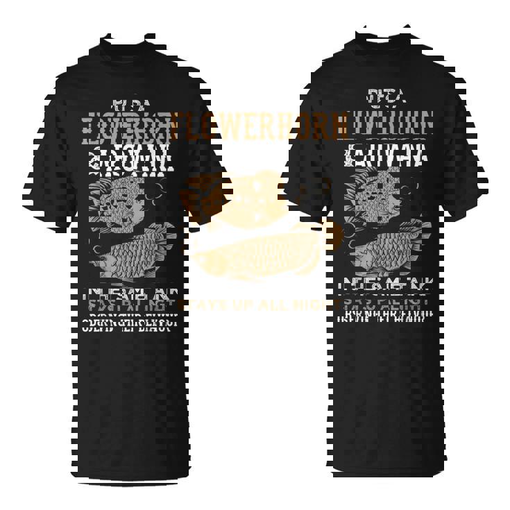 面白いフラワーホーンとアロワナのデザイン 魚族館 Tシャツ