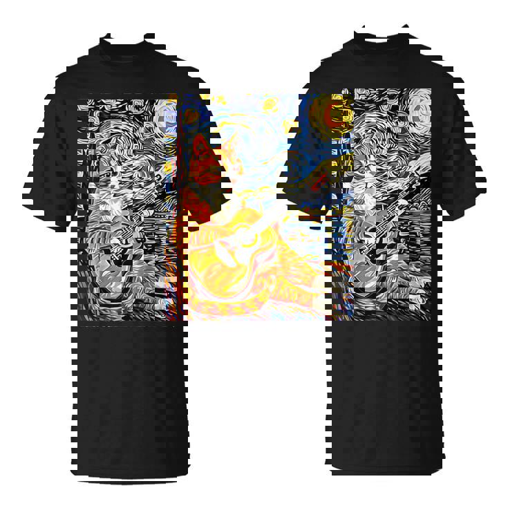 面白いレトロなデザインの猫がギターを弾く 星月夜 Tシャツ