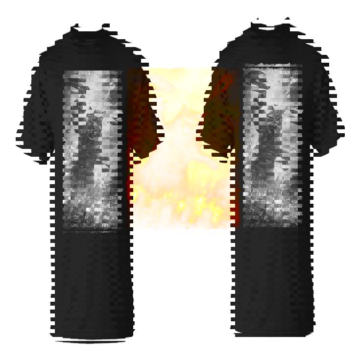 面白いレトロ日本の怪獣モンスター猫セルフィー東京ufo Tシャツ