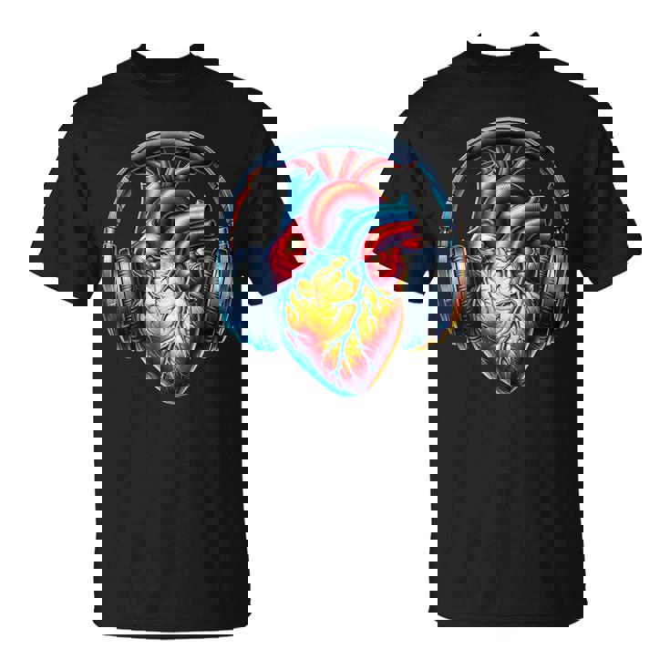 音楽解剖学的ハートとヘッドフォンdjミュージックグラフィック Tシャツ