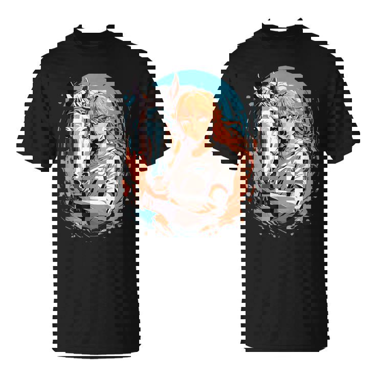馬のファンのためのアニメガールの象徴的な乗馬デザイン。 Tシャツ