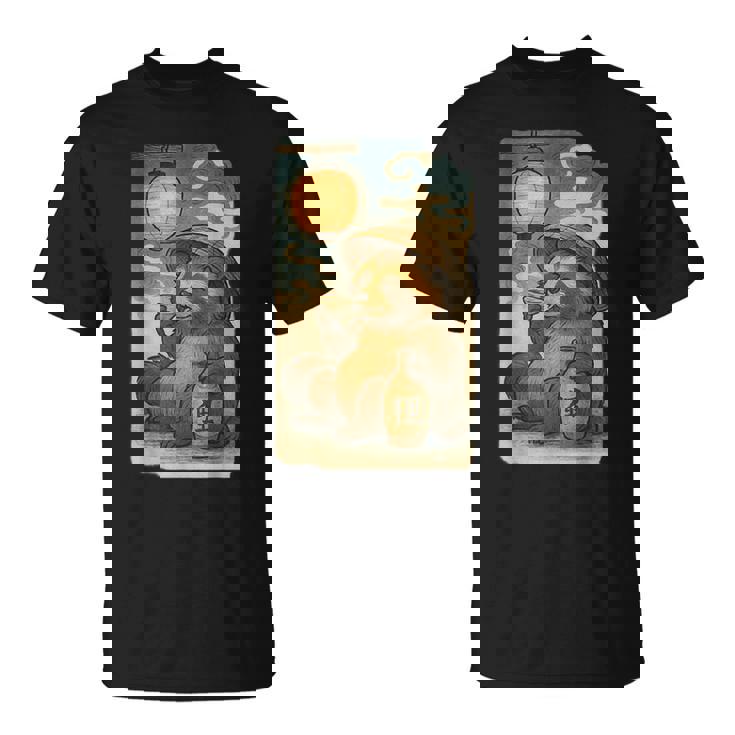 麦わら帽子をかぶったたぬき・酒・提灯・浮世絵風 Tシャツ