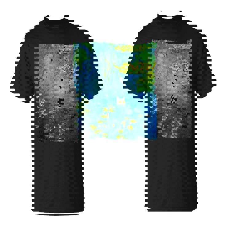 黒猫モネのスイレン絵画アート 猫好き Tシャツ